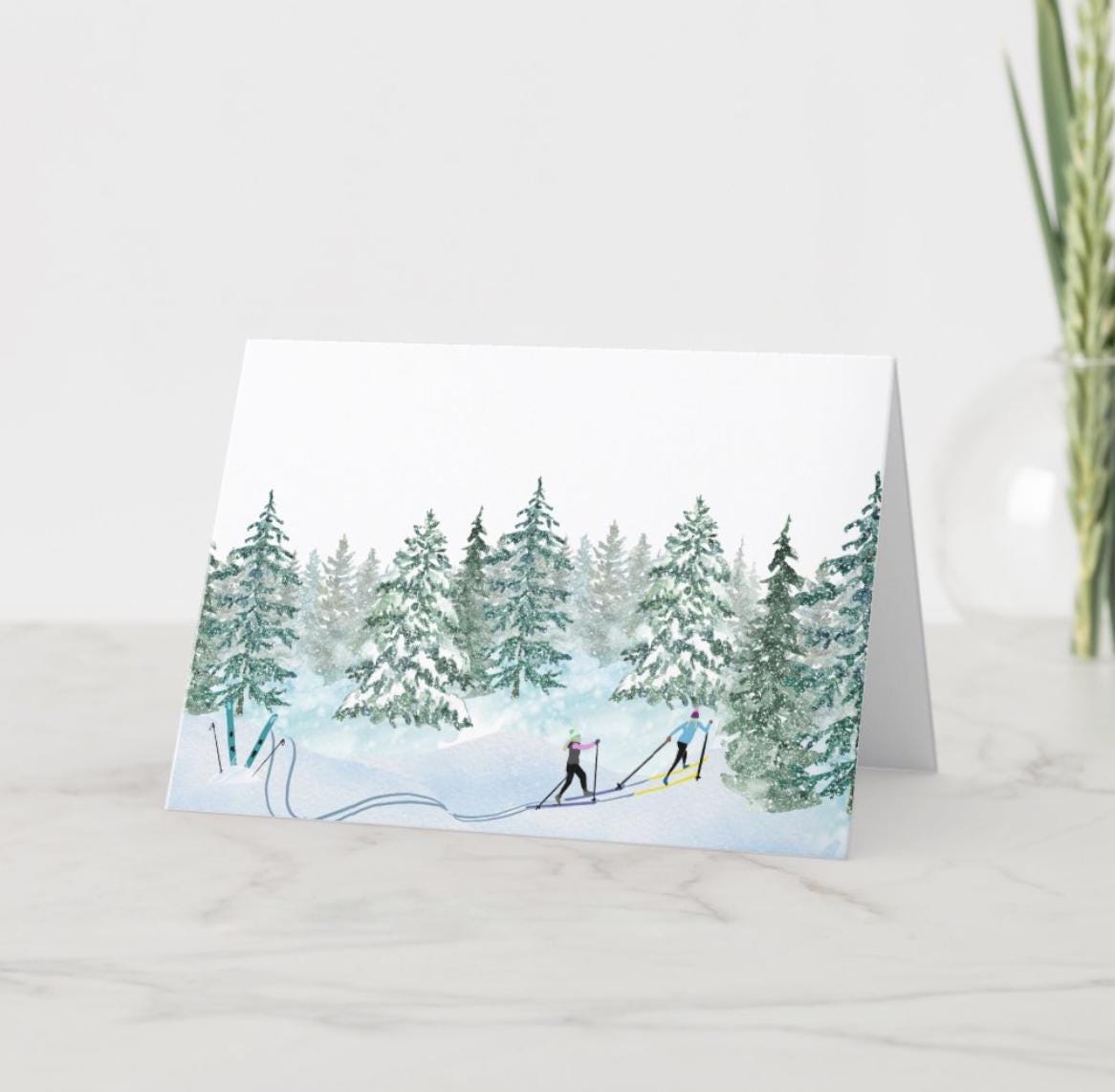Nordic Skiers Winter Wonderland Greeting Cards - Set of 4