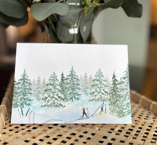 Nordic Skiers Winter Wonderland Greeting Cards - Set of 4