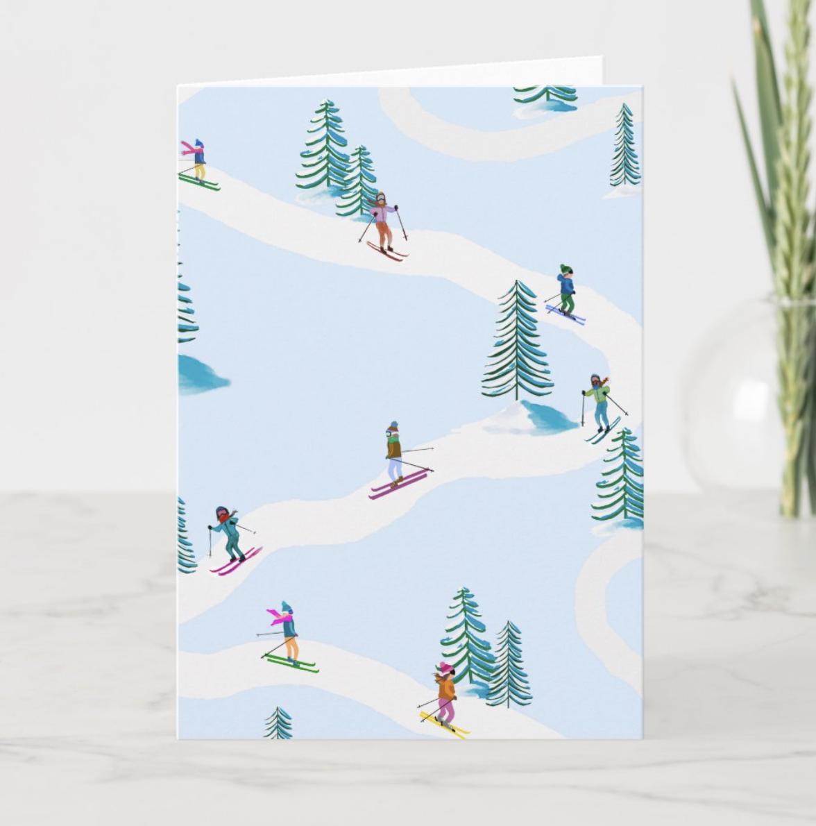 Alpine Skiers in a Winter Wonderland - 4 Blank Greeting Cards