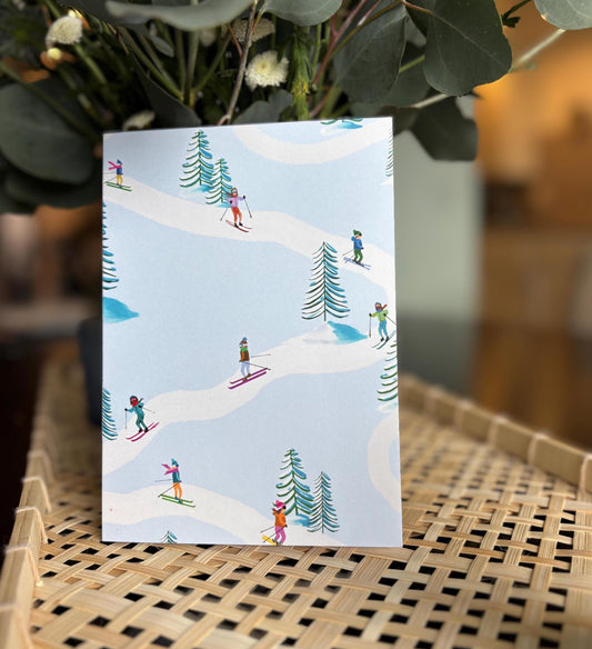 Alpine Skiers in a Winter Wonderland - 4 Blank Greeting Cards